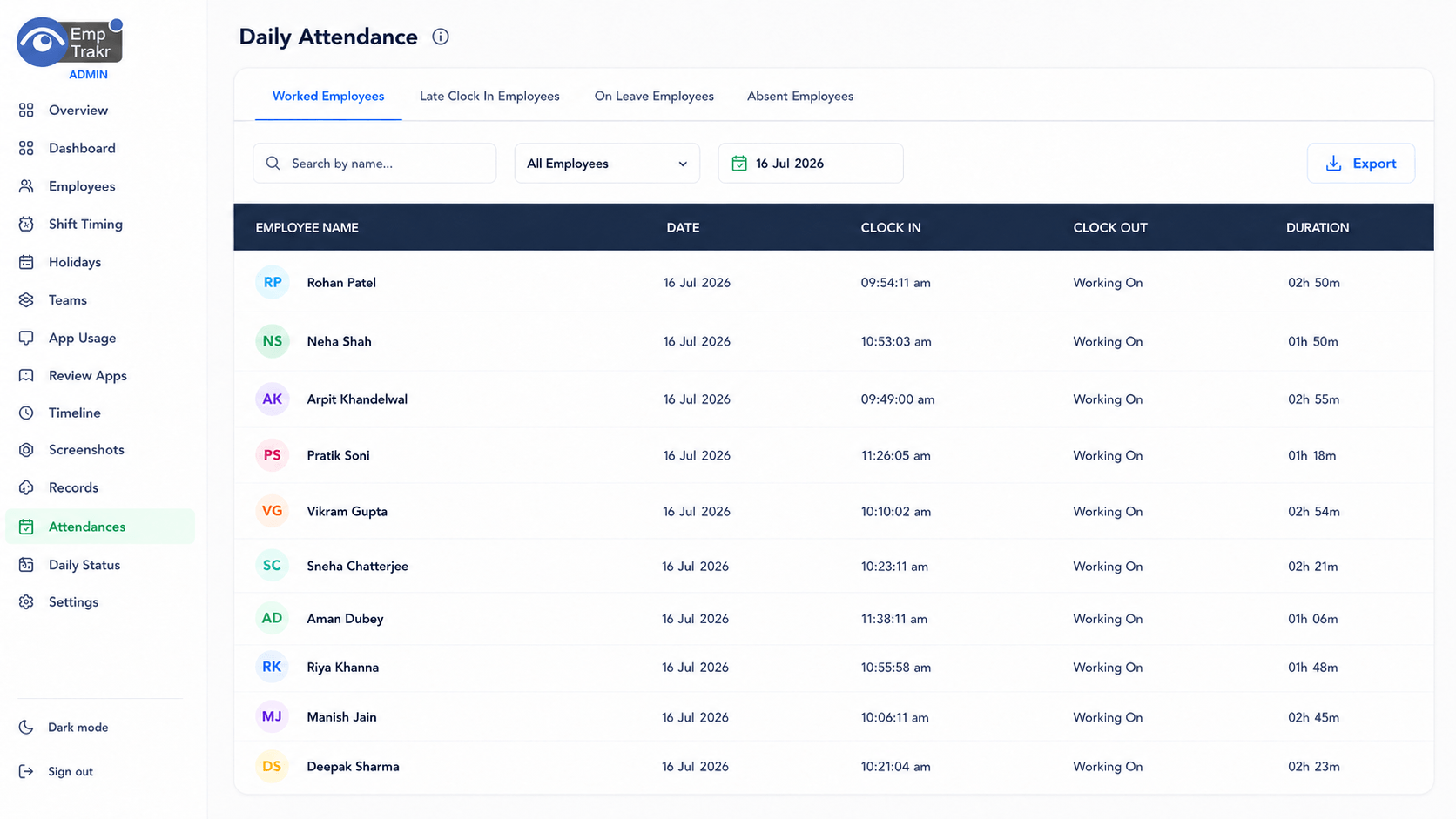 EmpTrakr attendance tracking and employee shift history dashboard