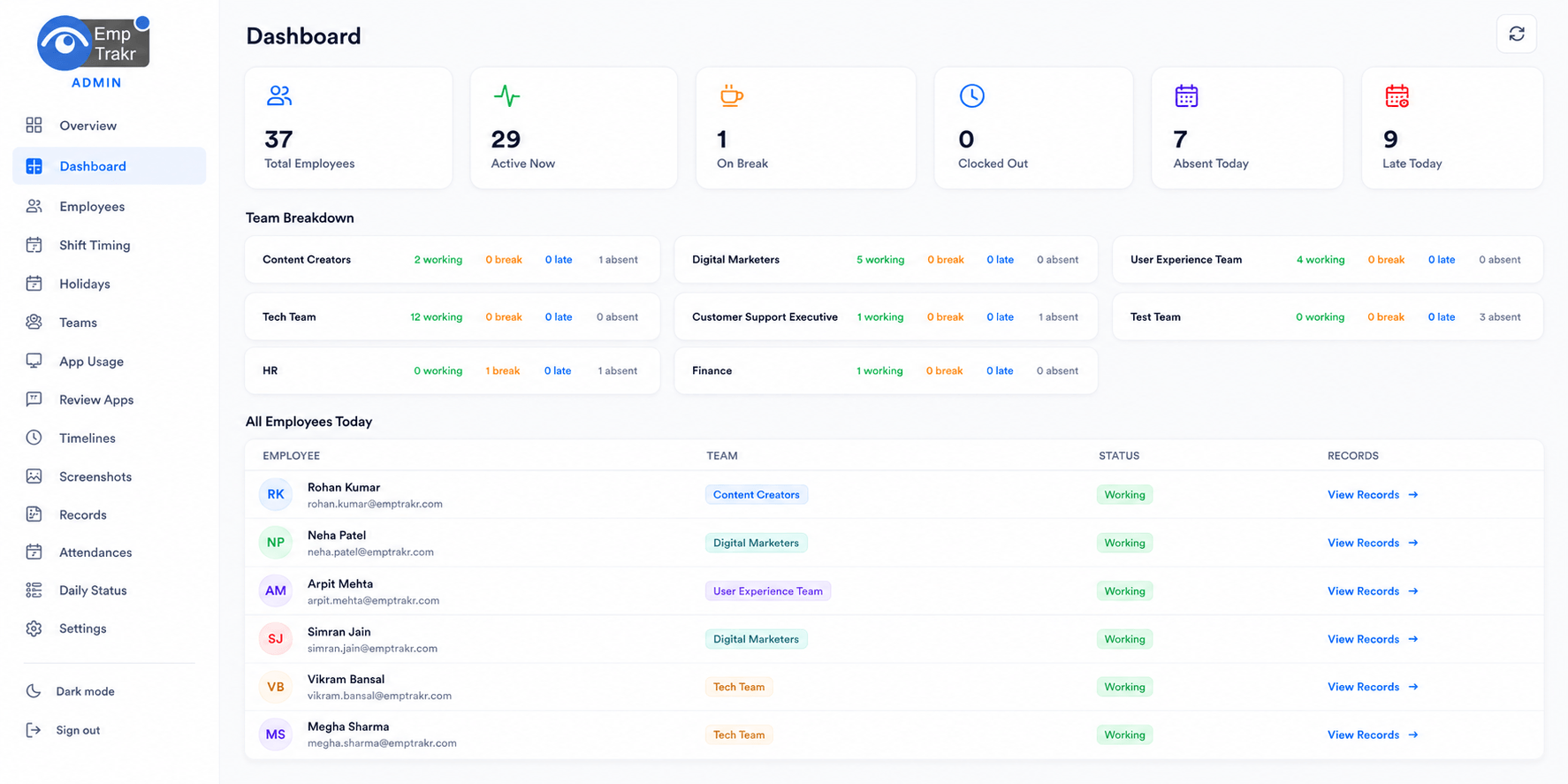 EmpTrakr work time tracking settings for breaks, idle time and clock-in rules